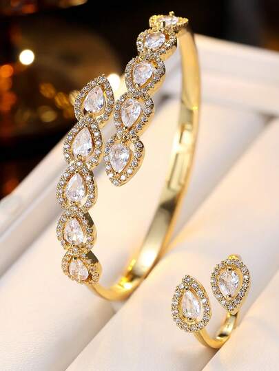 Bộ 2 món phong cách Ins phóng khoáng, sang trọng, thiết kế tinh tế, đính đá Cubic Zirconia, vòng tay và nhẫn đa năng, phù hợp cho nữ giới đeo hàng ngày và làm quà tặng.