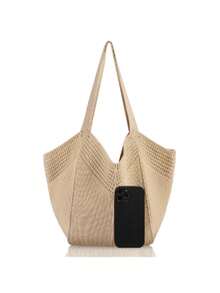 Túi dệt kim polyester dung tích lớn, túi dệt rỗng kiểu mới, túi đeo vai kiểu dáng dễ thương, túi đi biển du lịch cho nữ. - Màu Khỏa thân - Xem 3