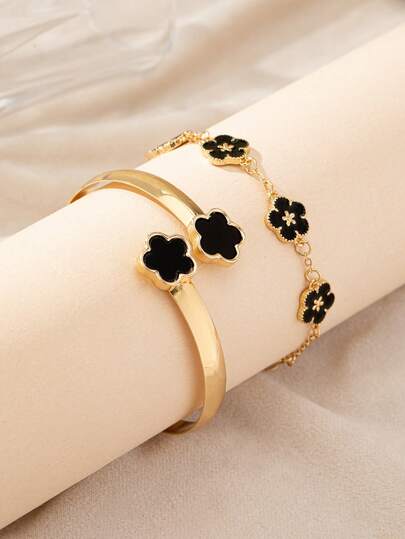 两件套优雅黑色花卉手链，时尚百搭的女士配饰