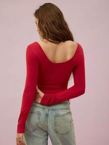 Leadlive 新款春季系列甜心领红色T恤，休闲修身，简约百搭，露背设计，荷叶边开衩，女士长袖上衣 - 紅色 - 查看 3