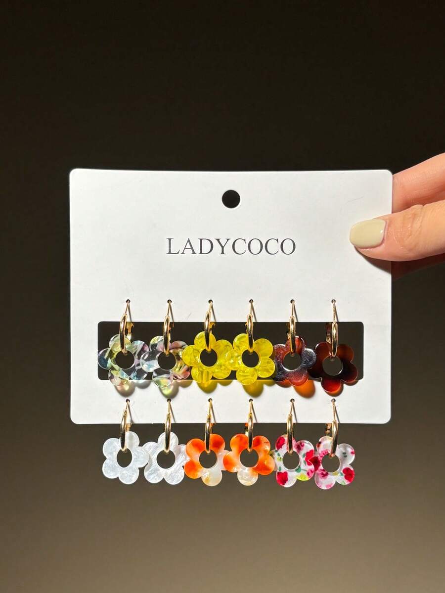 6 Pairs Fashionable Cute Hollow Flower Pendant Earrings, Suitable For Women's Dating, Party And Daily Wear - Multicolor - View 1