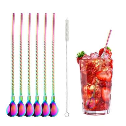 7件套二合一不锈钢螺旋吸管勺套装，带清洁刷，可重复使用金属饮用搅拌吸管，适用于奶茶、奶昔、果汁、咖啡和鸡尾酒，是厨房、派对和酒吧的理想之选。