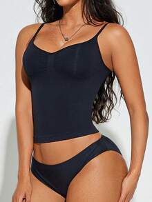 1pc Women's Basic Camisole Shapewear, Autumn/Winter Casual Black Summer - Black - View 5