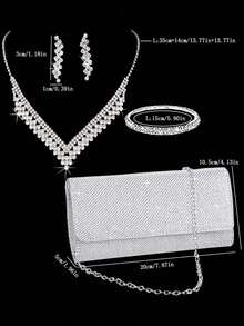 Bộ trang sức 4 món thời trang nữ đa năng, thanh lịch, tối giản gồm túi xách cầm tay, túi đeo vai dây xích, vòng cổ pha lê rỗng sang trọng, bông tai và vòng tay, thích hợp cho các bữa tiệc. - Bạc - Xem 8