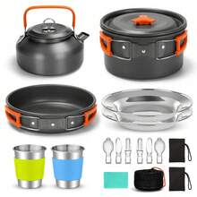 Camping Cooking Set, Camping Cookware For Outdoor Camping Travel Hiking , 14 Pieces Kitchenware Set Pots & Spoons Set Non-Stick Cookware Set, Aluminum Mess Kit With Frying Pan, Pot With Lid , Kettle Set And 2 Stainless Steel Plate, 2 Folding Cups And 2 Set Knives Fork  Spoons For Backpacking Picnic - 橘色 - 查看 1