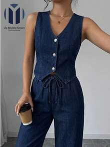 Chaleco sin mangas con botones | Pantalón vaquero pierna ancha con cordón - Azul - Ver 4