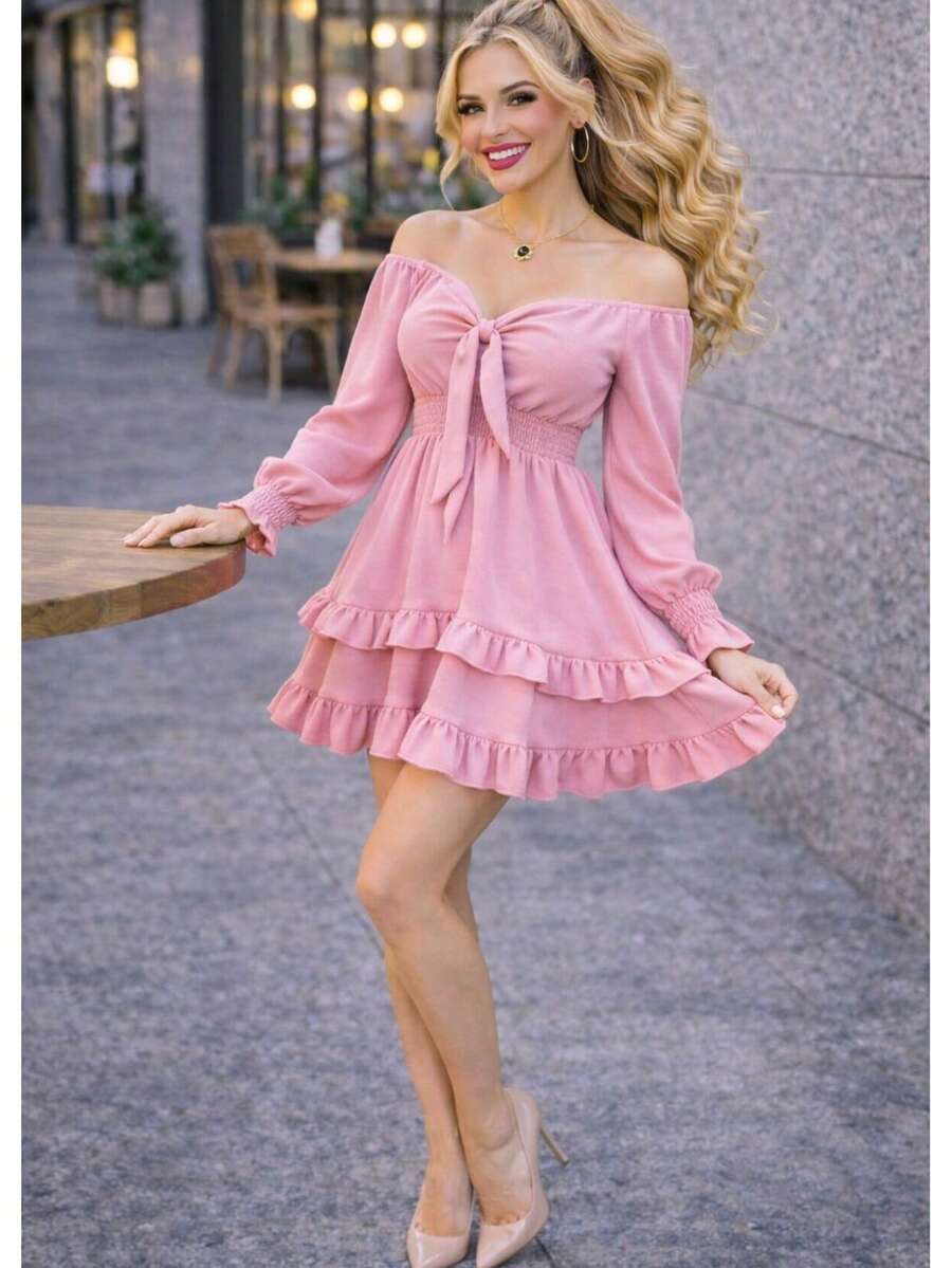 SHORT DRESS WITH LONG SLEEVES AND SPRING, COUNTRY STYLE, DOUBLE Ruffle, CEY FABRIC. MOD. ELSIE - Pink - View 1