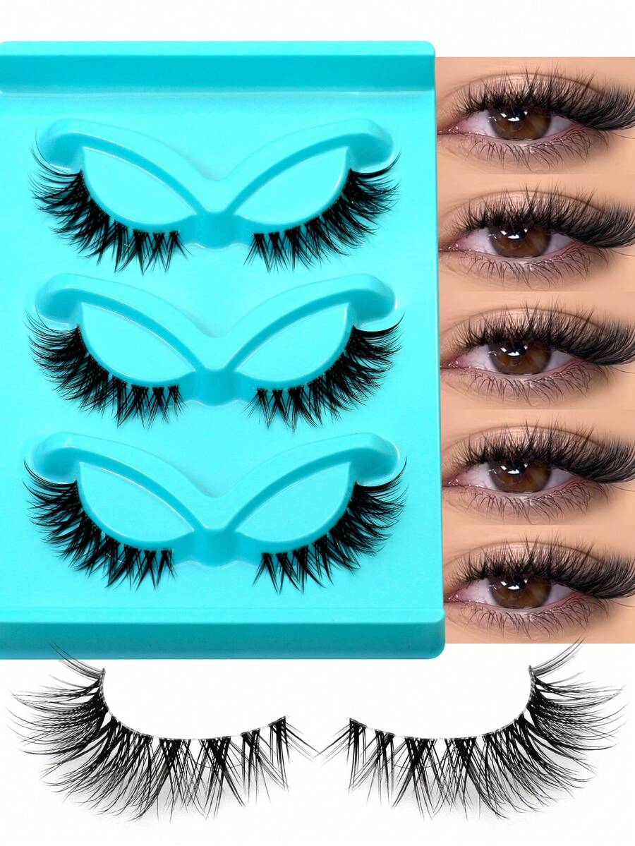 GROINNEYA 3 Pairs Cat Eye Shaped False Eyelashes, Curled Tail Delicate Faux Mink Lashes, Transparent & Natural Look, Suitable For Daily Wear And Cosplay (LX12) - Black - View 1