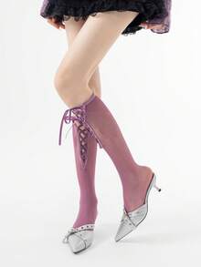 1双女士小腿袜（无硬纸板），薄款芭蕾舞风格交叉蝴蝶结小腿袜，适合春夏穿着，可与裙子百搭。 - 彩色 - 查看 12