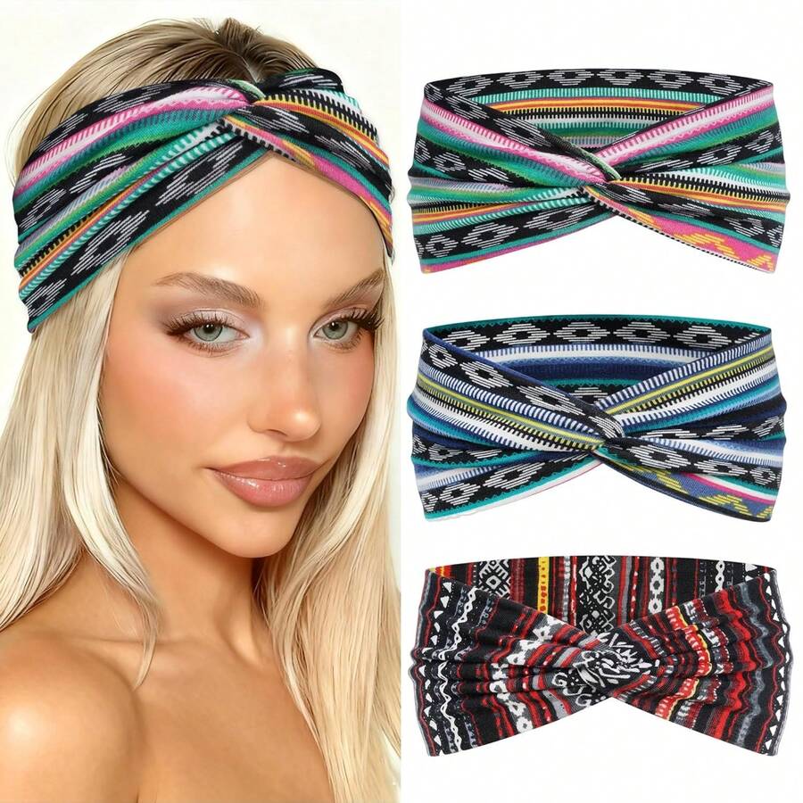 3 pièces Bandeaux croisés et noués de couleur unie pour femmes, accessoires capillaires d'été pour plage, vacances et voyages avec imprimés géométriques rayés colorés et léopard rétro - Multicolore - Voir 1