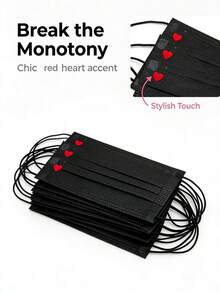 Black 3-Layer Non-Woven Face Mask With Heart Print, Fashionable Disposable Protective Mask For Daily Use, 10Pcs - Black Black Black - View 6