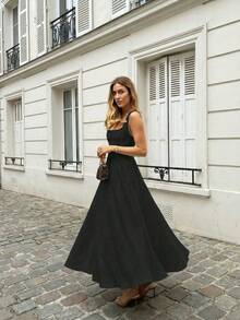 Floreya Solid Color Casual Elegant Woven Fabric Zip Up Dress, Suitable For Evening Date, Party, Wedding, Spring/Summer Black - Black - View 1