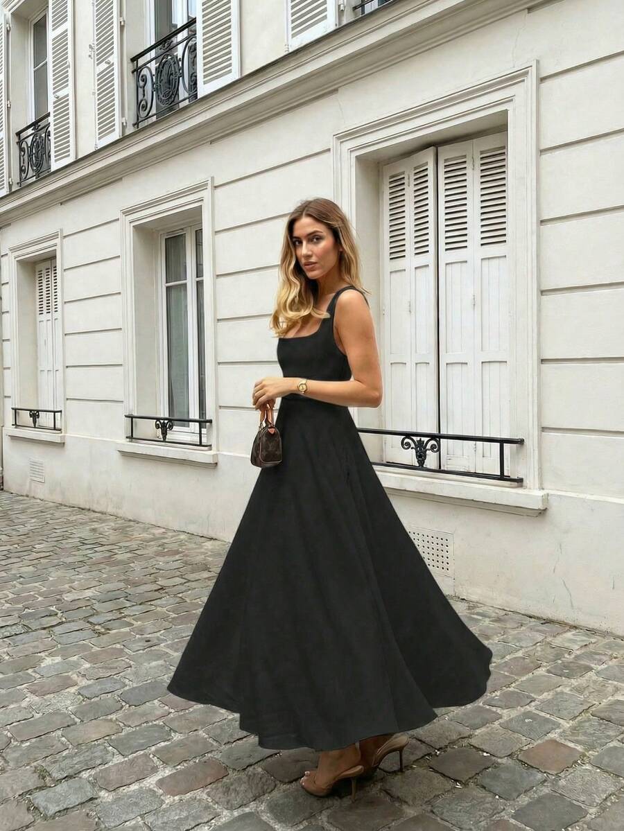 Floreya Solid Color Casual Elegant Woven Fabric Zip Up Dress, Suitable For Evening Date, Party, Wedding, Spring/Summer Black - Black - View 1