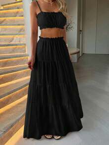 Look-Polly 女士优雅夏季婚礼活动两件套，性感吊带露脐修身上衣，优雅A字裙，适合派对和度假的沙滩连衣裙套装 - 黑色 - 查看 7