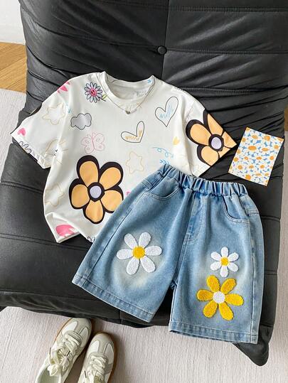 Girls Casual Loose Yellow Floral Print T-Shirt & 3D Flower Denim Shorts Set