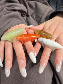 4件/組時尚獨特幾何極簡樹脂戒指，大號橢圓形戒指組，棕色、紅色、綠色、灰色、白色戒指，女款風格，適合日常穿搭、假期和派對 - 彩色 - 查看 2