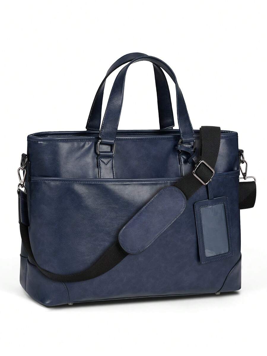 男士商务包，大容量手提公文包，可装15.6英寸笔记本电脑，兼容A4和B4纸张，多功能设计，求职申请包，男士招聘包，皮革材质，防水，带肩带，通勤包，旅行包，棕色/海军蓝 - 彩色 - 查看 1