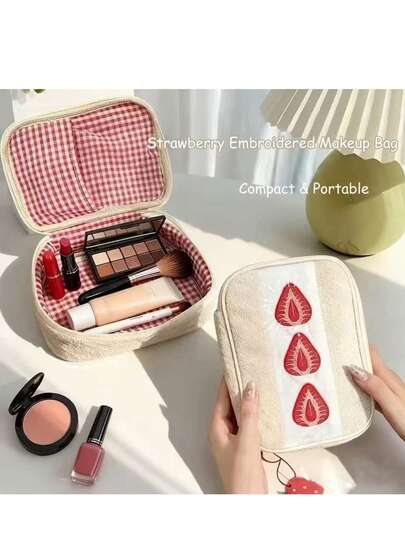 1pc Strawberry Embroidery Mesh Lining Cosmetic Bag - Portable Daily Use Makeup Pouch, Cute Korean Embroidery Bag, Essential For Travel, Back To School Stationery, Pencil Case