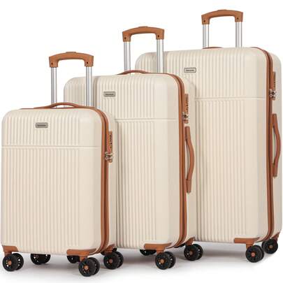 Luggage Set 3 Piece, White, Hardshell Suitcase With 4 Spinner Wheels, Vertical Striped Design