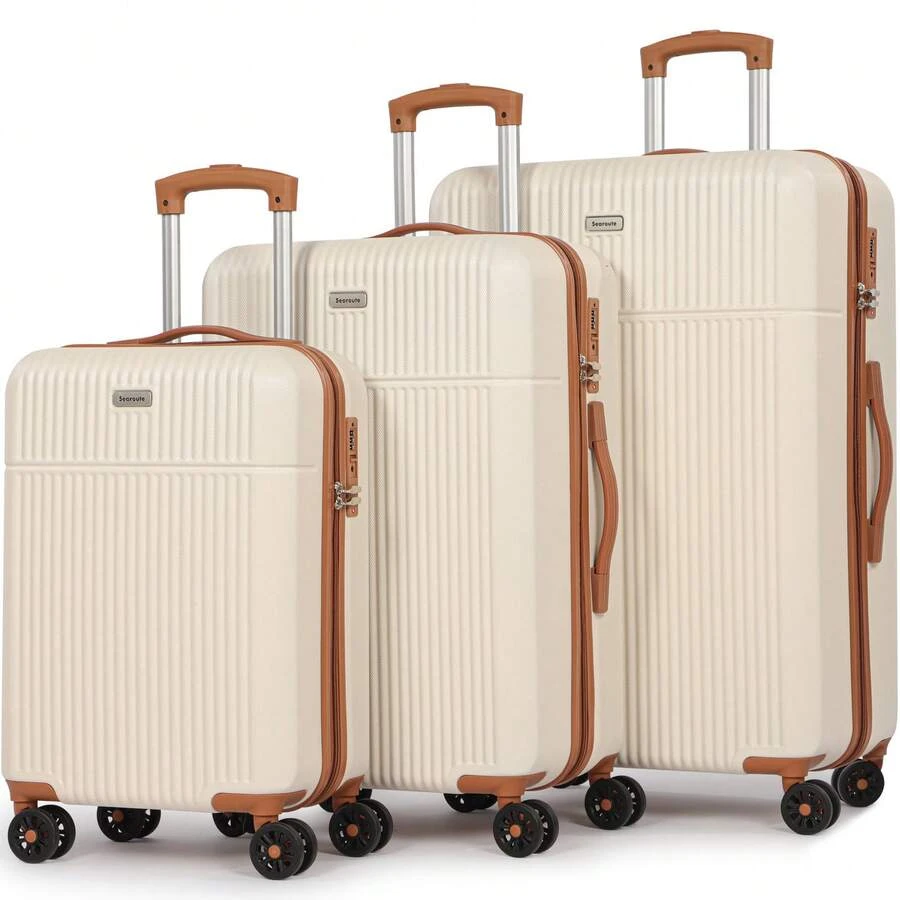 Luggage Set 3 Piece, White, Hardshell Suitcase With 4 Spinner Wheels, Vertical Striped Design - Beige - View 1
