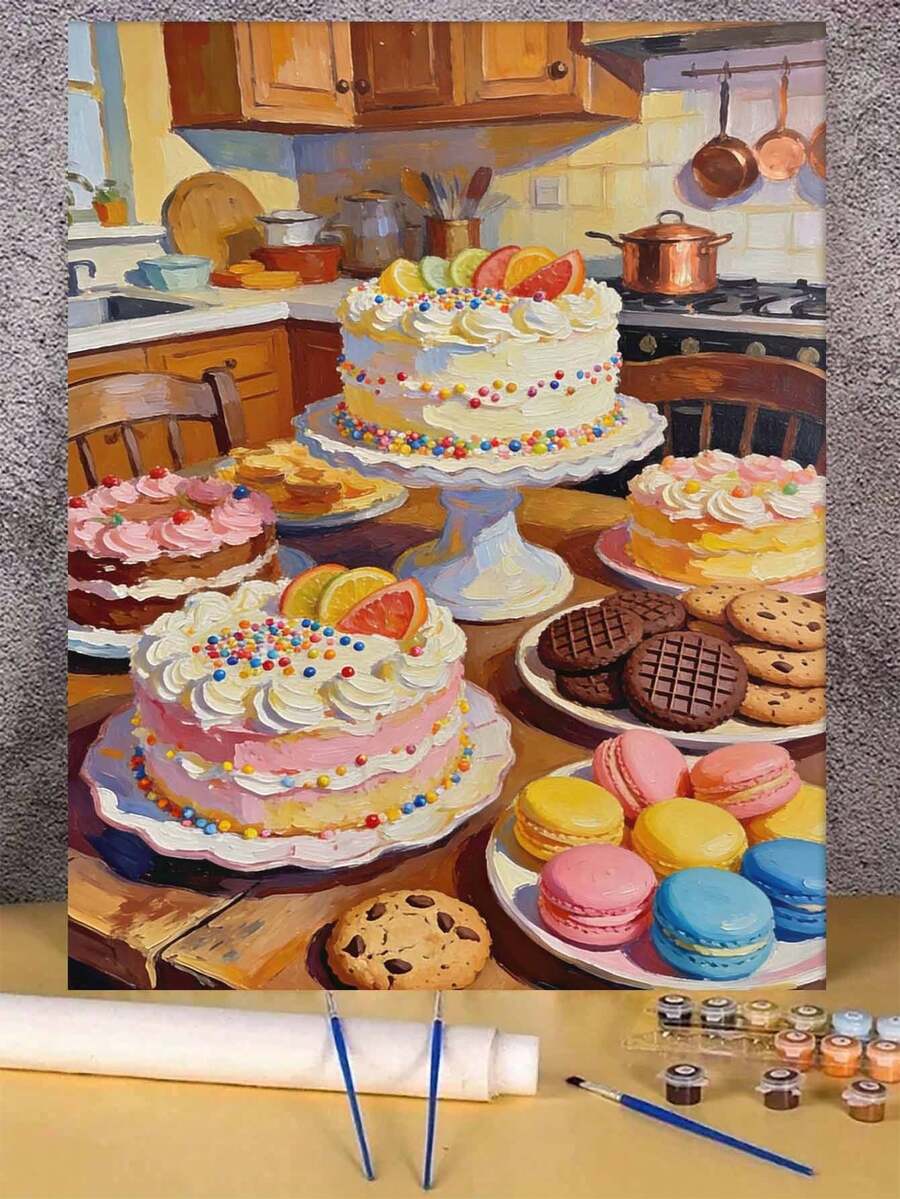 Colorful Cakes And Desserts Kitchen Scene DIY Oil Painting By Numbers Canvas Painting Crafts Adult Home Decoration 40x50cm/16x20inch Holiday Gifts - 40*50cm - View 1