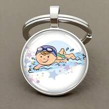 Medvang 游泳爱好者钥匙扣 游泳俱乐部礼品 批发 可爱卡通游泳图案玻璃钥匙扣 - 復古銀色 - 查看 9