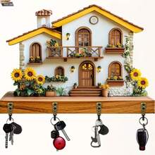 1pc Key Holder With 4 Double Key Hooks, Decorative Country Style Key Rack, Suitable For Entryway, Hallway, Bedroom, Living Room, Wooden Key Organizer - Multicolor - View 12