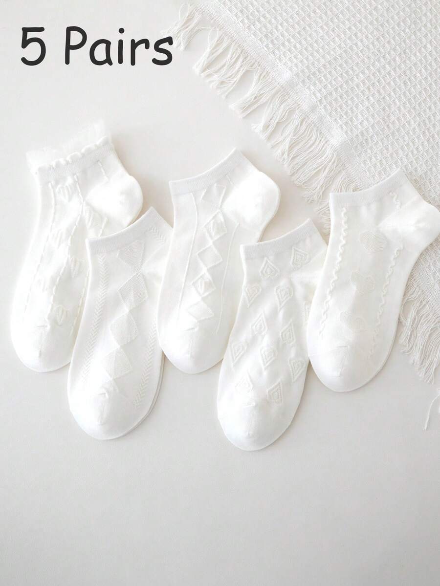 5 Pairs Women's White Socks, Hollow Heart & Diamond Jacquard Patterns, Fashionable Collegiate Style, Suitable For Sneakers And Loafers - Multicolor - View 1