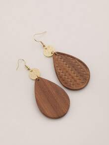 一对原装红木雕刻水滴吊坠耳环，可个性化定制，自然风格，夸张设计，适合旅行、度假、派对、下午茶、音乐节和日常佩戴。 - 摩卡棕 - 查看 2