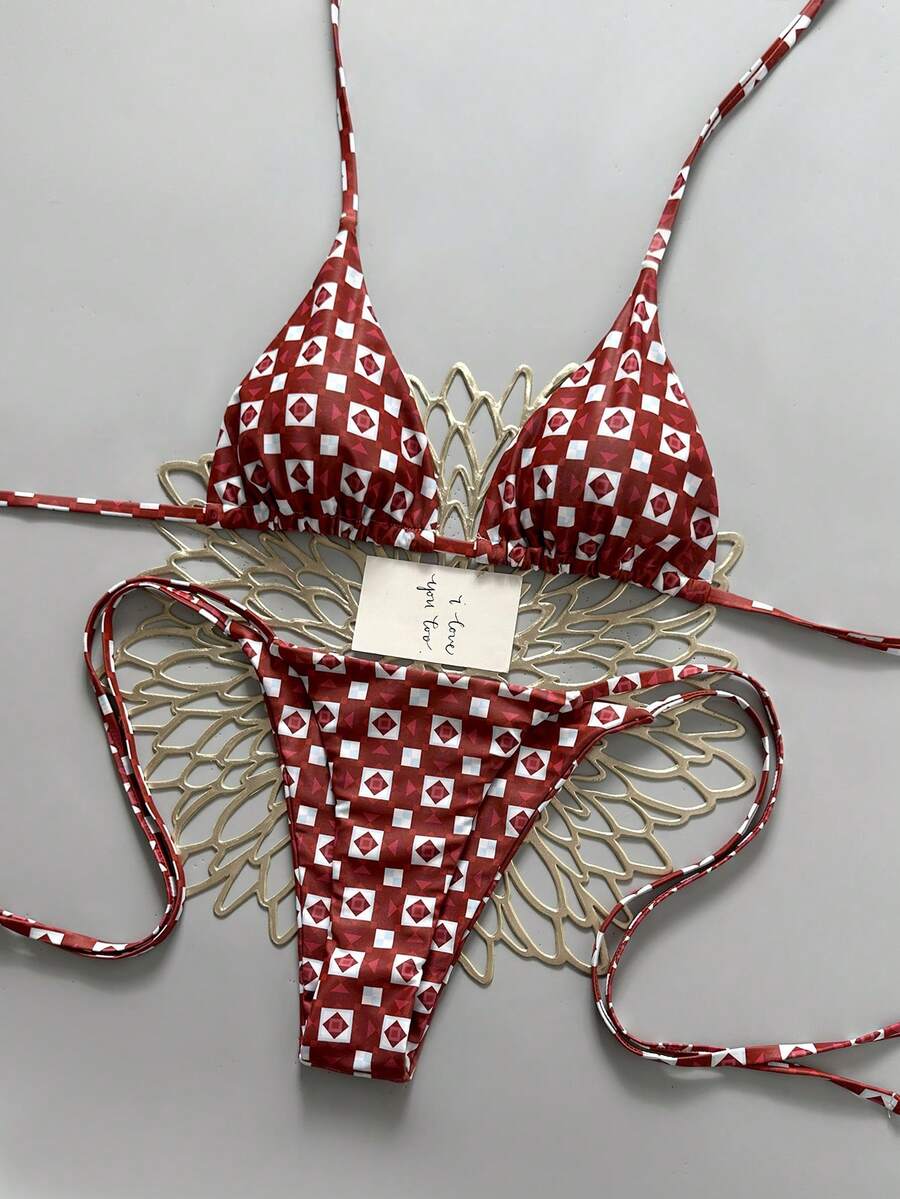 Conjunto de bikini de 2 piezas con estampado geométrico para mujeres, estilo europeo y americano, para vacaciones y verano en la playa - Burdeos - Ver 1