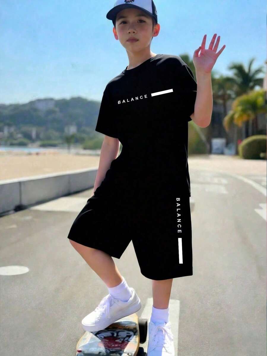 Tween Boy Letter Print Crew Neck Short Sleeve T-Shirt And Shorts Casual Set - Black - View 1