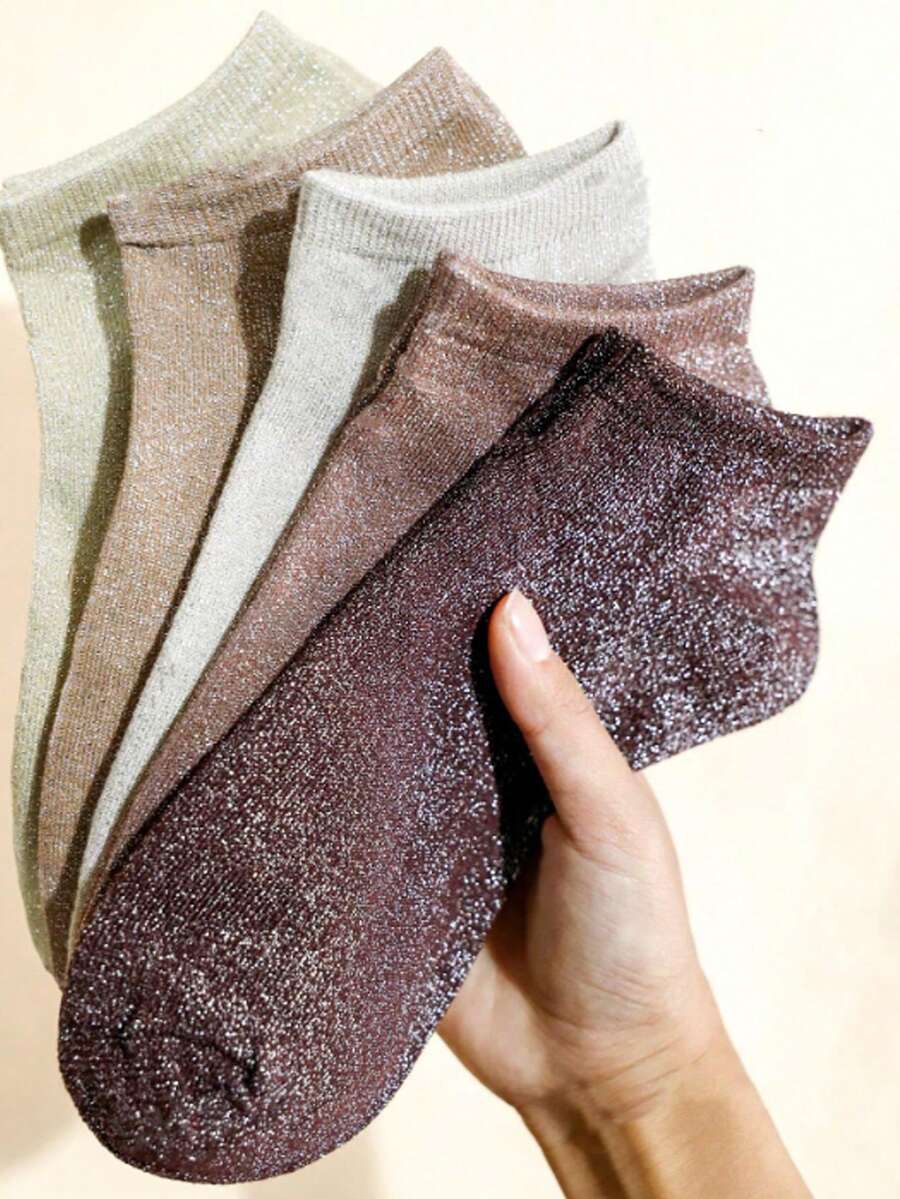 5 Pairs Women's Socks Summer Thin Sweat-Absorbing Comfortable Lightweight Silver Thread Coffee Color Sexy Versatile Casual Fashion Socks - Multicolor - View 1