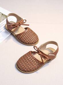Dép xăng đan dệt cho bé gái, kiểu dáng công chúa mùa hè mới, nơ rỗng thoáng khí, đế mềm chống trơn trượt, dép trẻ em cho bé gái mẫu giáo. - màu nâu - Xem 6
