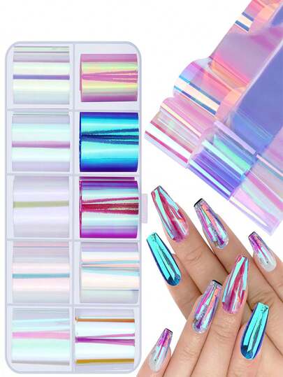 10卷极光美甲箔，透明美甲箔转印贴纸，极光亮片美甲箔转印贴纸，彩色激光玻璃箔美甲全息贴纸，DIY装饰