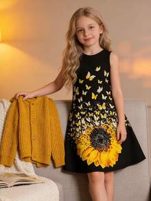 女童休闲优雅3D向日葵蝴蝶印花无袖可爱连衣裙,适合日常穿着、度假、派对、毕业典礼、返校、复活节等场合。 - 彩色 - 查看 3