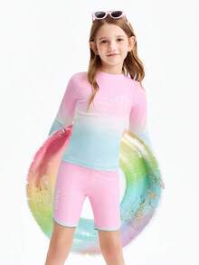 Annil 【炫彩渐变两件式泳衣】女童夏季高弹防水长袖短裤专业训练泳衣套装 - 綠粉花 - 查看 1