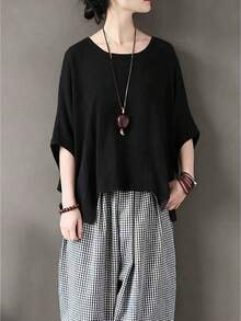 纯色宽松亚麻不规则下摆T恤，宽松七分袖圆领上衣，宽松修身设计，宽松蝙蝠袖独特款式，适合通勤和休闲穿着 - 黑色 - 查看 1