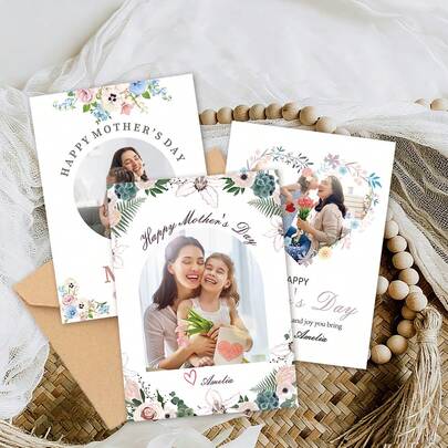 [Customized] 2pcs Personalized Floral Custom Greeting Card, Customized Photo + Text, Mother's Day Card, Mother's Day Gift, Mother's Day Gift Ideas, Mother's Day Decor, Mother's Day Card Set, Mother's Day Gift Set, Comes With Envelope