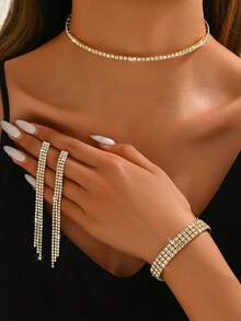 4件套女士时尚百搭优雅亮片手拿包、链条单肩包、派对包、奢华水晶项链、耳环、手链首饰套装 - 金色 - 查看 5