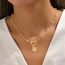 1pc New Hollow Heart Letter Pendant Necklace, Stainless Steel Herringbone Chain, Women - Thép không gỉ mạ vàng - Xem 5