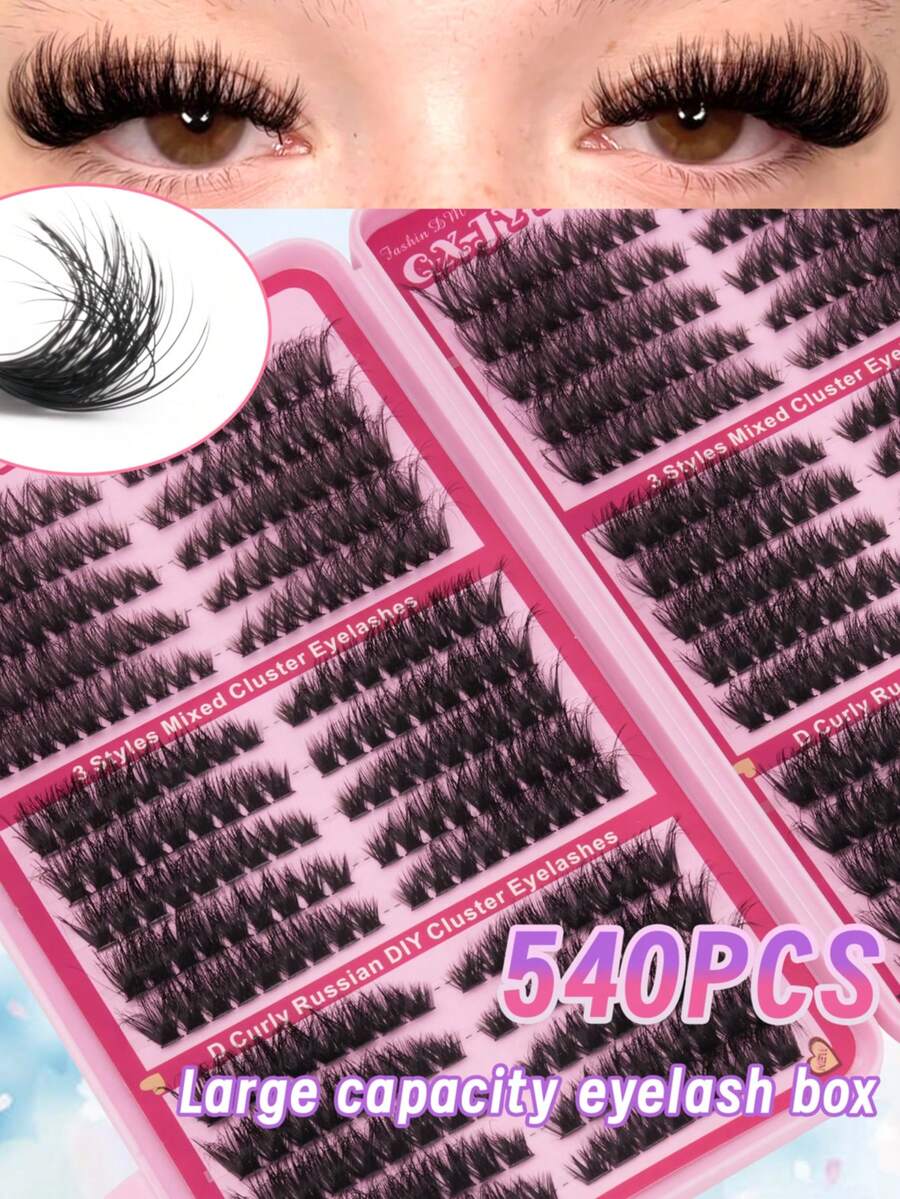 540片装 D型卷翘假睫毛，高容量套装，单根睫毛簇，DIY狐狸眼/猫眼妆分段式假睫毛，浓密卷翘，柔软浓密，适合旅行、舞台、婚礼、户外、日常工作、音乐派对等场合使用。 - 查看 1