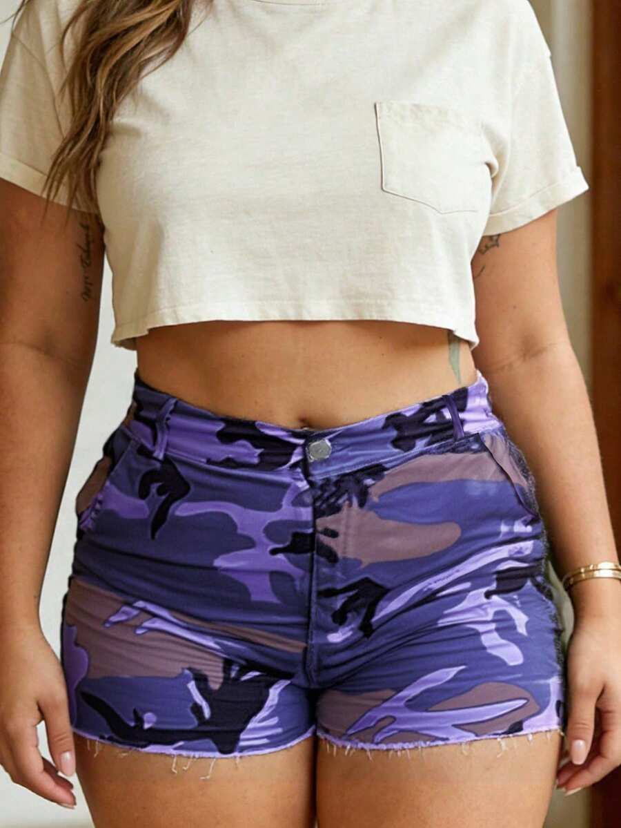 Women's Camouflage High Waist Denim Shorts - Fringe Trim Casual Summer Hotpants Suitable For Y2K Streetwear Style - Purple - View 1