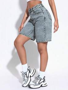 女士高腰百慕大牛仔短裤，休闲宽松夏季牛仔短裤 - 水鴨藍 - 查看 6