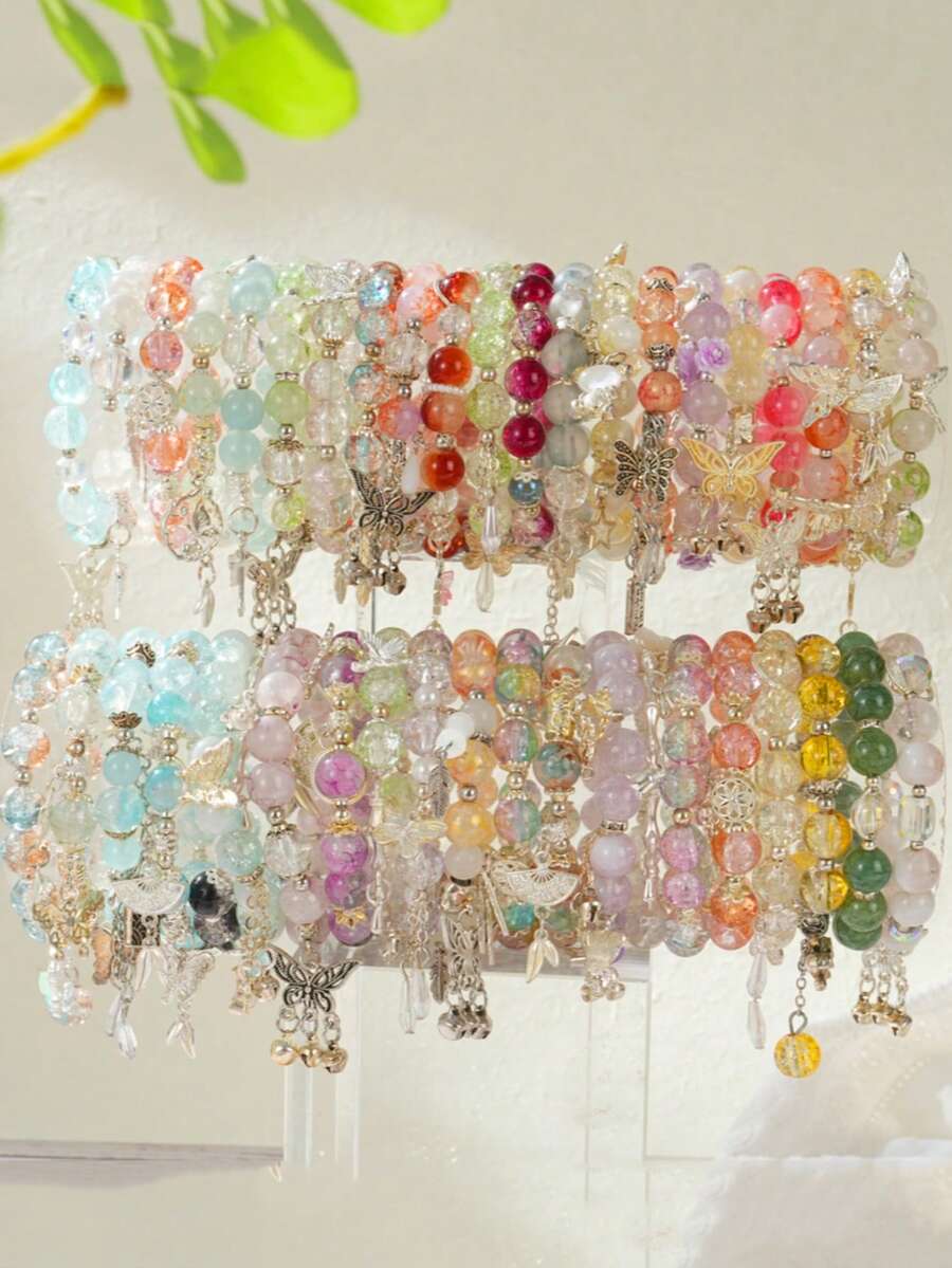 15Pcs Boho Glass Beaded Bracelet Set, Butterfly & Tassel Charm Elastic Bracelets, Elegant Jewelry For Daily Wear, Beach Vacations & Birthday Gifts - 15Pcs Mixed - 查看 1