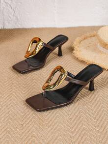 Women's Strap Minimalist Square Toe Slip-On Sandals, Slim Heels, Solid Color, Commuting Chic Versatile French Style High Heels, Soft Leather Roman Sandals, Summer New Arrival - Brown - View 4
