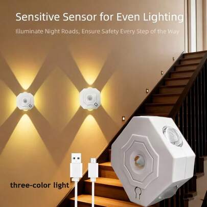 1pc RGB/Tri Color Step Light With Motion Sensor, Four Sided Illuminated Wall Decoration Lighting Induction Wall Light, Adjustable Color Brightness, USB Charging, Suitable For Holiday Decoration In Corridors, Stairs, Step Wardrobes (400mAh)
