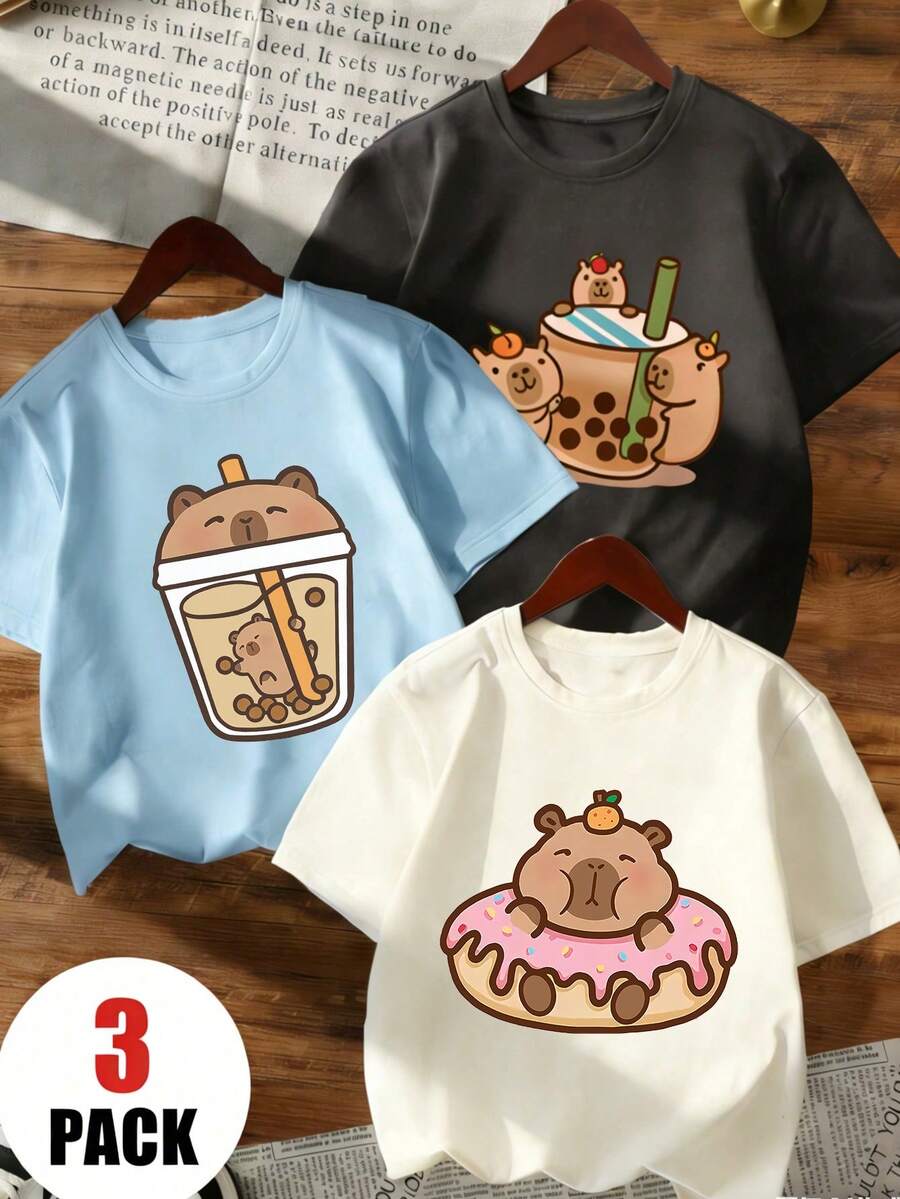 Bộ 3 áo thun ngắn tay in hình hoạt hình Capibara dễ thương dành cho bé gái tuổi teen, áo mùa hè. - Nhiều màu - Xem 1