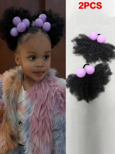 2 Packs Children's Double Ponytail Fluffy Afro Puff Hair Buns With Colorful Balls, For Little Girls, Natural Black Synthetic Hair Ties (Multiple Colors Available)