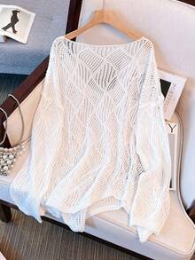 Women's V-Neck Hollow Rhombus Design Loose Knit Cover Up, Airy And Breathable For Beach/Resort Wear, Spring/Summer Vacation - 白色 - 查看 2