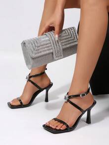 Giày sandal cao gót quai chéo tối giản, kiểu dáng thanh lịch mùa hè mới, mũi vuông, phù hợp cho đi làm, dự tiệc, đi biển. - màu đen - Xem 4